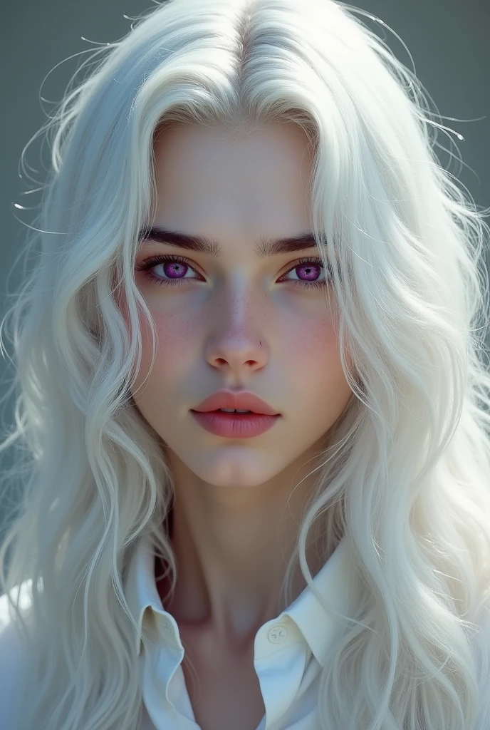 Create a beautiful model, long white hair, purple eyes, age 20 years, French or European nationality. Make him look ahead.