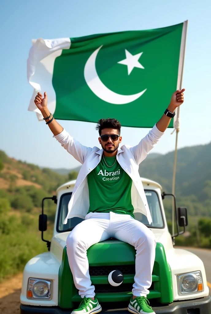 Create an Real image featuring a young man sitting on the hood of a white and green truck,with Pakistan's scenic background. He's holding a flag celebrating Pakistan's 14th August. The boy wears a green T-shirt with 'Abrarii Creation' printed on it, white jacket, white pants, green shoes and sunglasses."