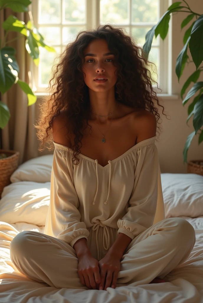 (photorealism:1.2), beautiful but standard woman, sitting on bed, wearing loose off-shoulder top, pajama pants, long curly hair, indoors, soft lighting, plants in background, window with sunlight, cozy room, relaxed pose, realistic, intricate details, warm colors, by Greg Rutkowski, by Alphonse Mucha
