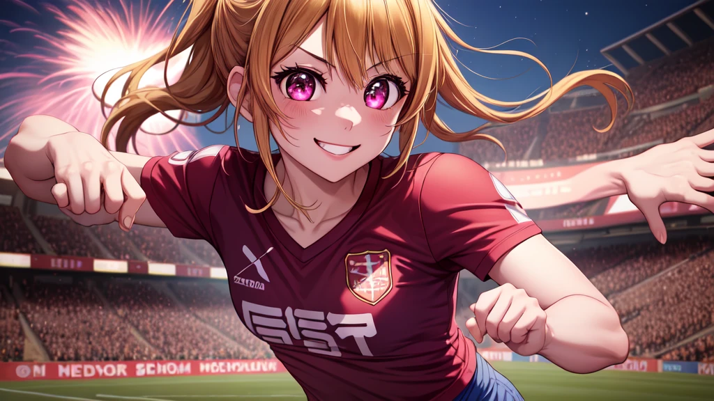 anime, Beautiful Face, Highly detailed face, two exact legs, Pink fine eyes, Highly detailed background, Perfect lighting, Accurate weapons, Accurate hands, Accurate Fingers, Blonde, whole body, One girl, alone, Ruby Hoshino, oshi no ko, The absurdity of the outdoors, High resolution, Super sharp, 8k, masterpiece, look at the other person, (whole body:1.4), Teasing Smile, Tight football T-shirt, Tight sports shorts, 誰かとsoccerをする, Cleavage, on a soccer pitch, Running towards the audience, soccer