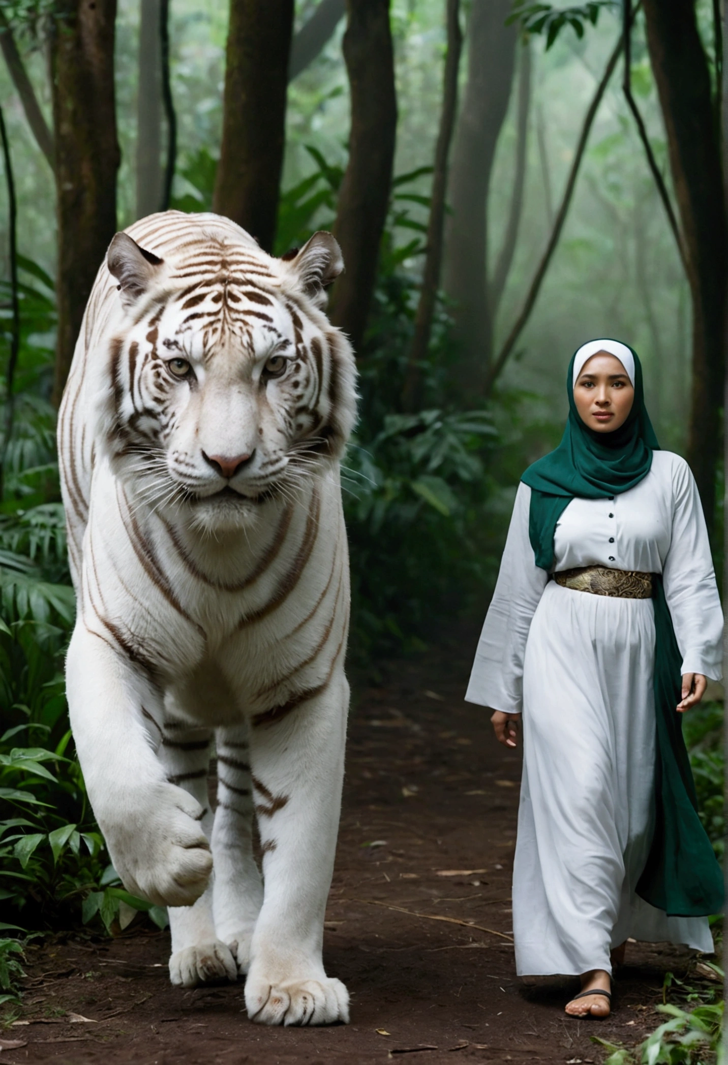 REALITY, front view, An Indonesian woman wearing a gamis and hijab walks on a path in the middle of a green and dense forest., with fog in the background. Beside this person stood a white tiger walking side by side.. The white tiger's face looks like it is eyeing its prey.