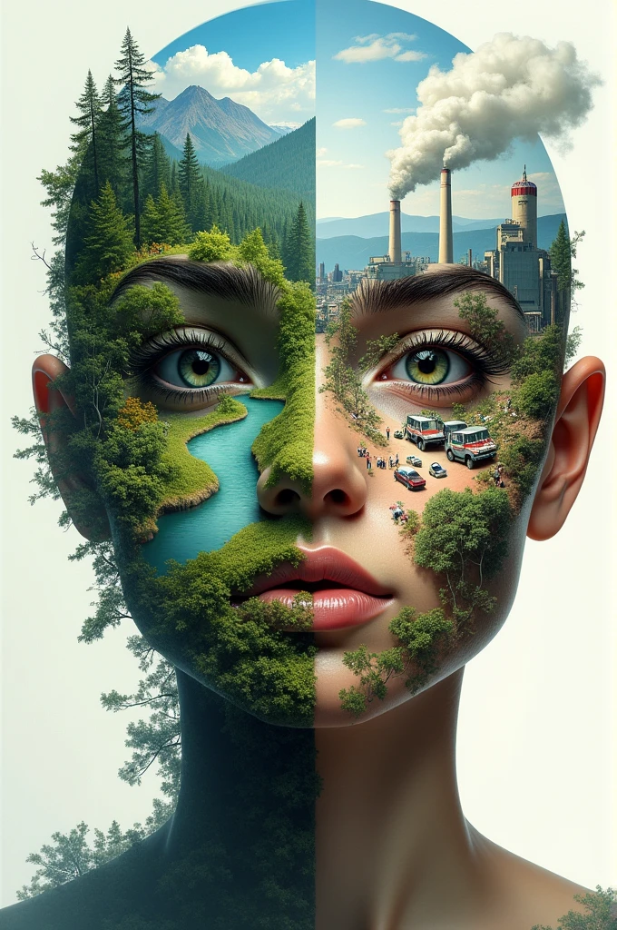draw me a poster, (portrait) Left side of the face is a healthy environment with beutifull landscape and forest and mountains with beutifull scenery in the background. and the right side of the face is the opposite of it bad environment that has been developed by humans, manifacture(factories),Commercial buildings,trash, vehicles with smoke and waste 