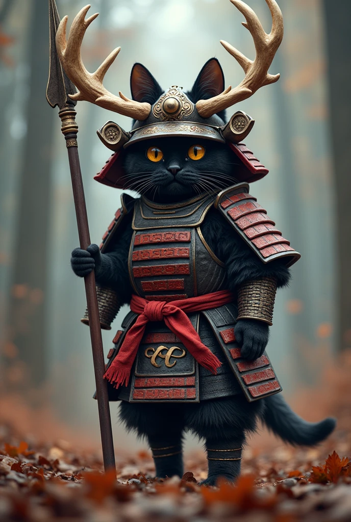 Samurai Cat, battlefield,, colorful, dark atmosphere,Wearing a helmet with deer antlers,Has a long spear 黒い猫 cute whole body