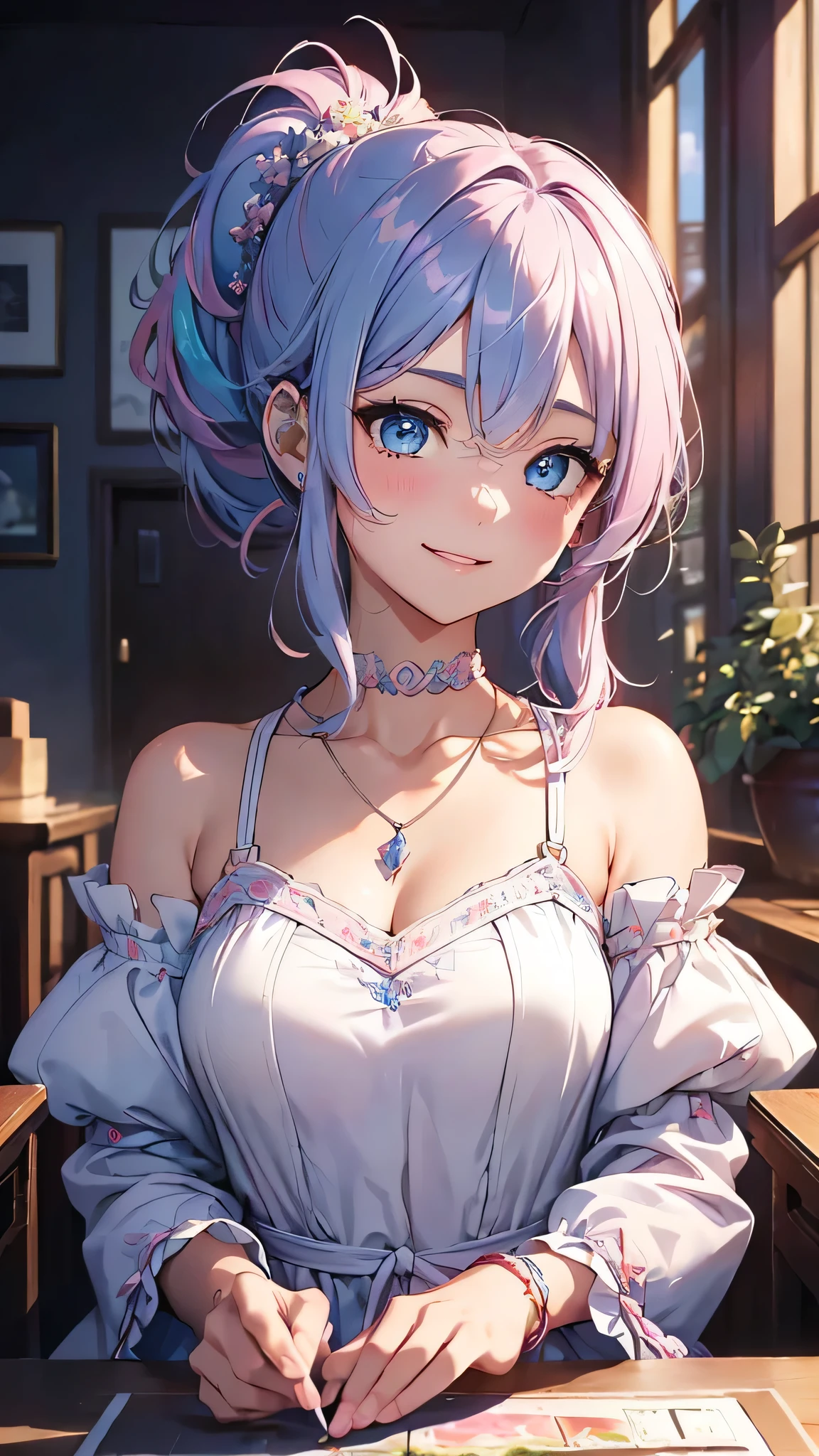 ayaka genshin impact, beautiful girl, long blue hair, beautiful face,smiling,close up to hips, beautiful breast, in the middle of flowers field, (open mouth:0.4),illustration,detailed textures(realists),ultra-detailed,portrait style,vivid colors,soft lighting, blushing, mature, hair fluttering, evening light, ((half body)), no bra, wearing casual pajamas, perky. ((side profile until hips))