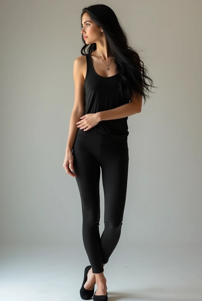 Beautiful lady, long black hair, black tank top, yoga pants, black ballerina flats, full body shot 
