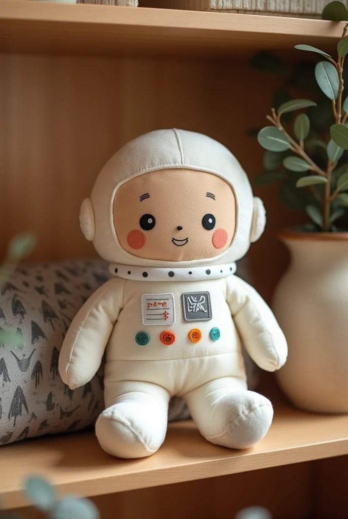 Cute and delicate astronaut pillow decorating a shelf