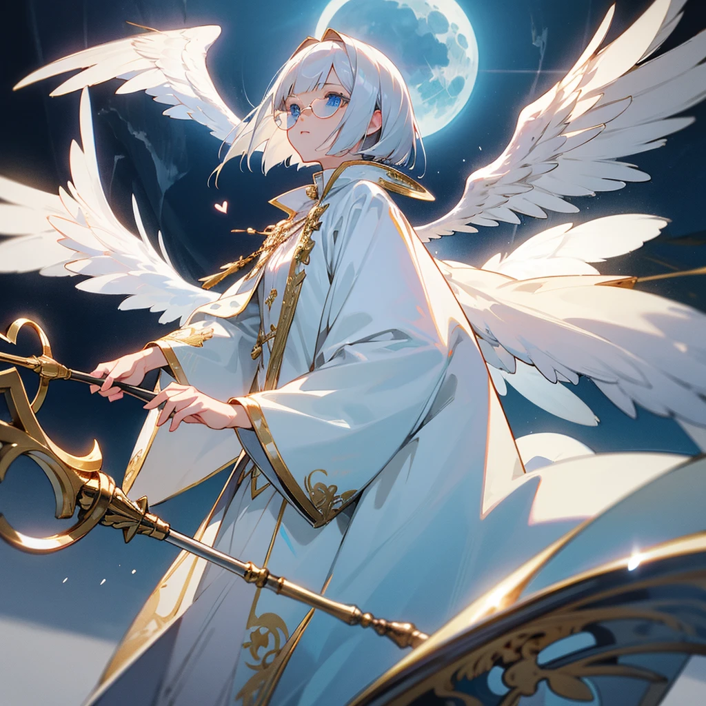 Silver Hair Bob Cut、Heart-shaped sunglasses、White Wings、White long coat、Gold embroidery、Staff of Light Wings、Angel Halo、full moon、masterpiece, blue eyes、juvenile