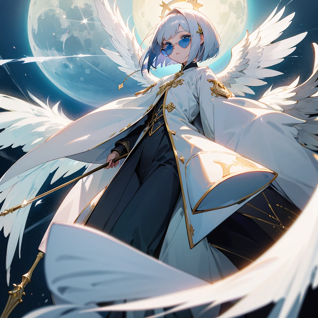 Silver Hair Bob Cut、Heart-shaped sunglasses、White Wings、White long coat、Gold embroidery、Staff of Light Wings、Angel Halo、full moon、masterpiece, blue eyes、juvenile