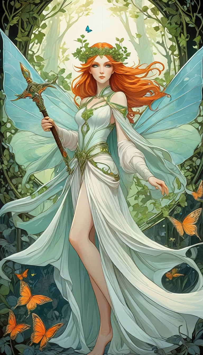fairy border, pale elf woman, she is wearing white clothes draping. she has long orange hair, she has a circlet on her forehead, she has green eyes, no makeup, she is holding a silver sword, she is laying sensually on a background of nature, trees, butterflies and fairies, good anatomy, dynamic pose, good proportions, modern style, vector, highly detailed, intricate, masterpiece, realistic, professional, Dark Fantasy, d&d,(centered), (well framed), vector-art, gradient color, detailed, realistic, professional art masterpiece, (Art Nouveau), Illustration by Alphonse Mucha, (vector-art:1.1) Negative prompt