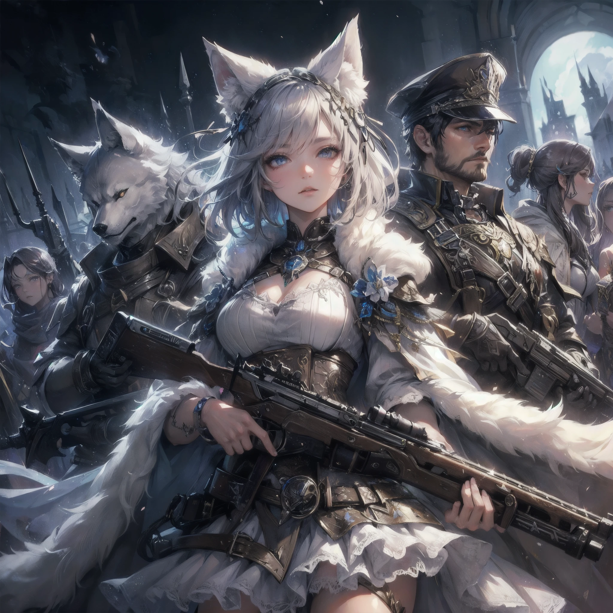  masterpiece, (textured skin), best quality, gorgeous beautiful, (a beautiful girl,wolf ears),detailed clothes,large breasts,narrow waist,, (beautiful face), cinematic lighting, (fantasy anime art ),