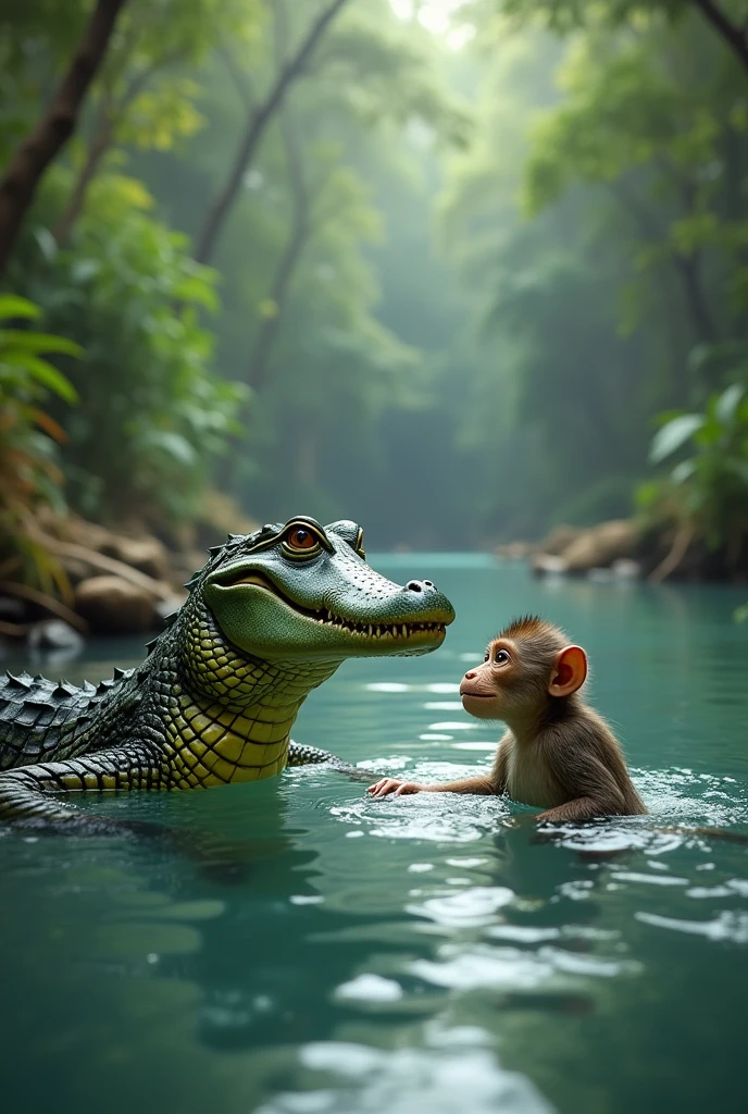 The crocodile invites the monkey to swim in the river. Both are in the water, with the crocodile appearing eager and the monkey looking intrigued. The jungle and river surroundings are visible, creating a sense of adventure.
