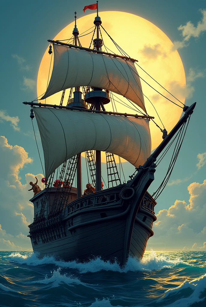 Illustration of a skeleton on a pirate ship facing forward