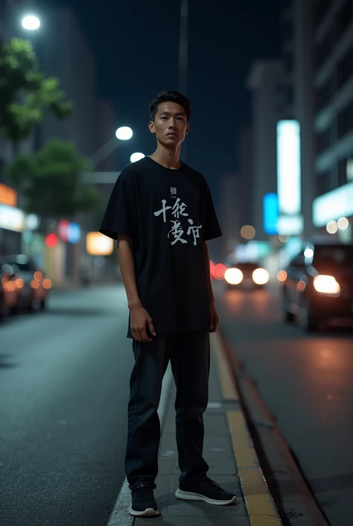 photorealism of 18 year old Indonesian man on the side of the road in the city at night ,short and thin body wearing a plain black t-shirt with aesthetic Japanese writing and black jeans with casual shoes ,hairstyle (short slicked back )
