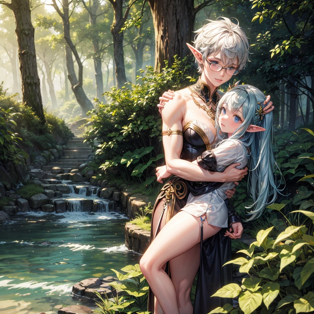 A cute fairy boy with short gray hair, freckles, and glasses, hugging an elf boy with short brown hair and horns, in a magical forest setting, (best quality,4k,8k,highres,masterpiece:1.2),ultra-detailed,(realistic,photorealistic,photo-realistic:1.37),fantasy,intricate details,ethereal,glowing lights,warm colors,soft lighting