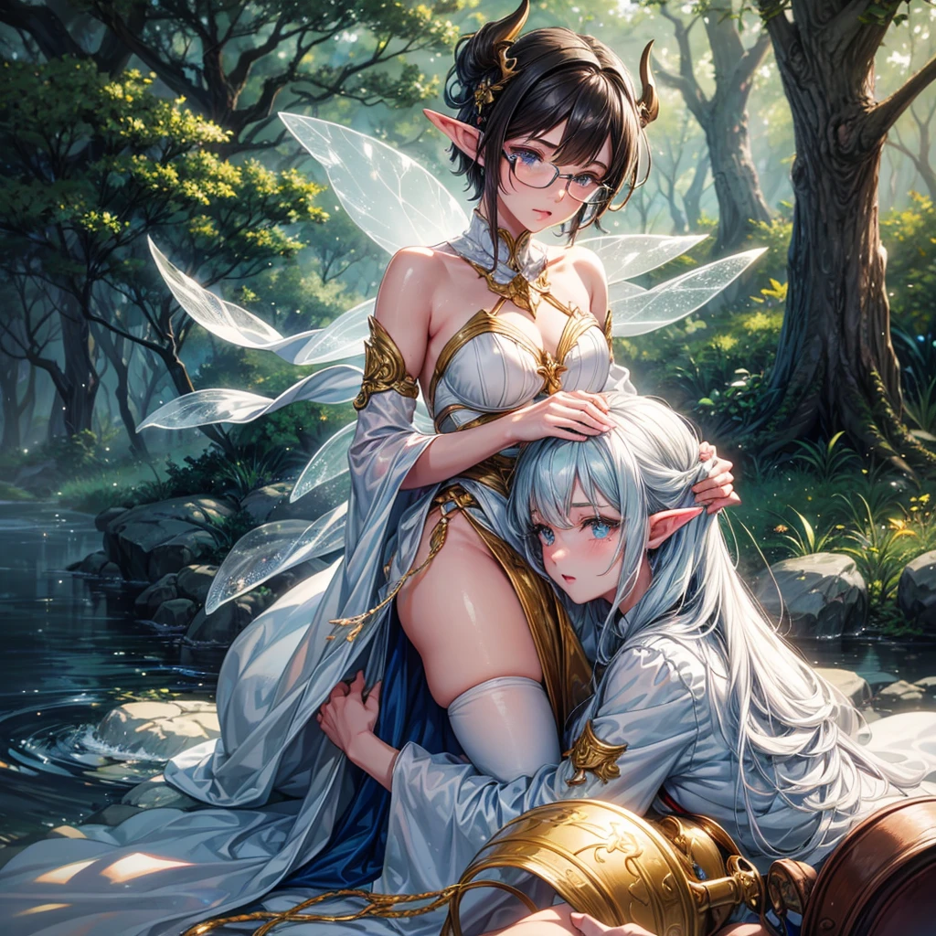 A cute fairy boy with short gray hair, freckles, and glasses, hugging an elf boy with short brown hair and horns, in a magical forest setting, (best quality,4k,8k,highres,masterpiece:1.2),ultra-detailed,(realistic,photorealistic,photo-realistic:1.37),fantasy,intricate details,ethereal,glowing lights,warm colors,soft lighting