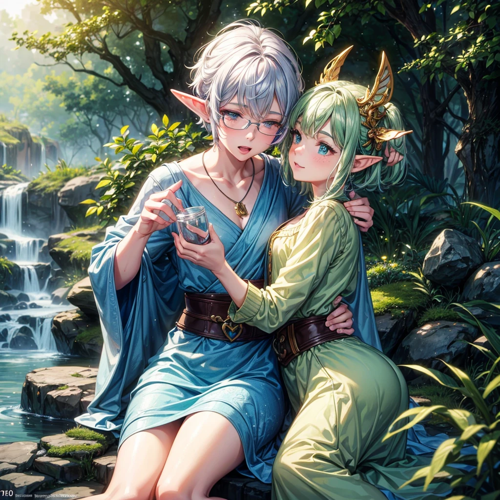 A cute fairy boy with short gray hair, freckles, and glasses, hugging an elf boy with short brown hair and horns, in a magical forest setting, (best quality,4k,8k,highres,masterpiece:1.2),ultra-detailed,(realistic,photorealistic,photo-realistic:1.37),fantasy,intricate details,ethereal,glowing lights,warm colors,soft lighting
