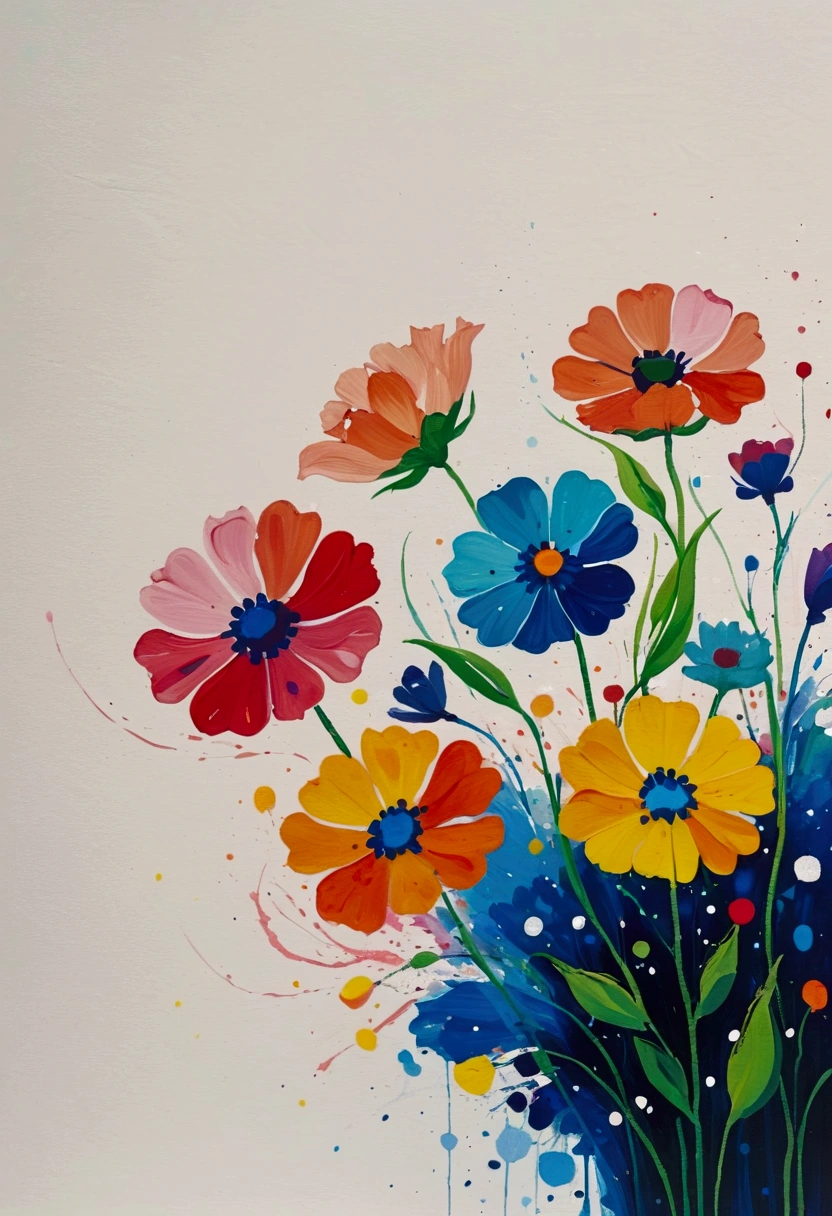Fluid smudge painting，Dot，Colorful flowers，Minimalism，Inspired by the coronavirus。Negative space bottom composition