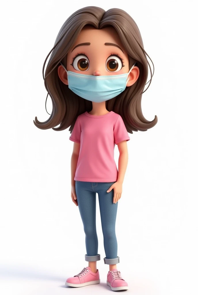 cartoon girl,  fully body, wearing surgical mask, with medium length dark blonde hair and brown eyes, cartoon art style, full body character portrait, photorealistic art style, 3d stylized, realistic art style, Stylized 3D rendering, Character wearing pink clothing and jeans, cartoon style illustration; motor 3d irreal, realistic 3 d style, Arte Disney, stylized portrait, white background, image size of 1080x1080