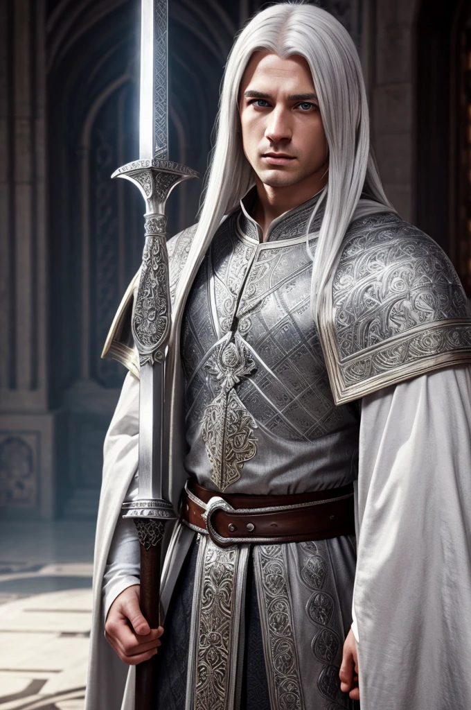 Middle Ages man, light gray eyes, white hair, medium length hair, white skin, detailed facial features, rich clothing, ornate sword, incredible detail, volumetric lighting, dramatic composition, cinematic lighting, rich colors