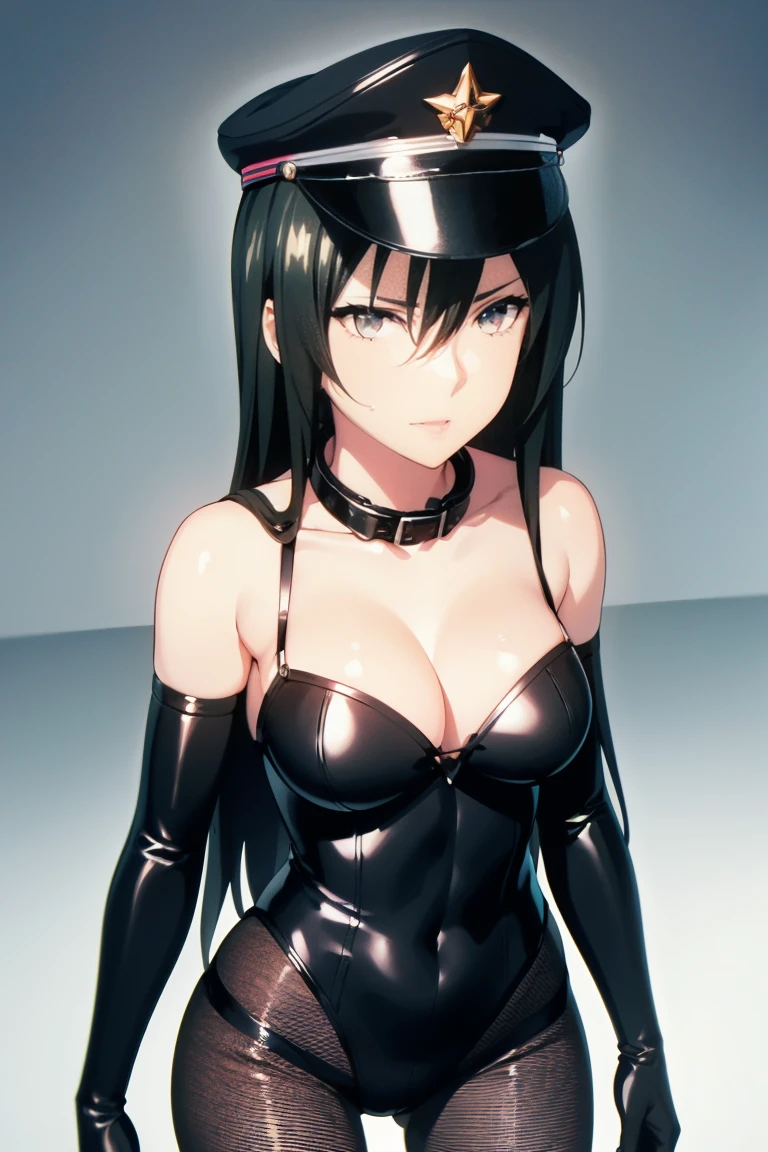 masterpiece, best quality, extremely detailed cg unity 8k wallpaper, extremely detailed cg, super fine illustration, beautiful, official art, production art, by famous artist, masterwork, exquisite, ultra high res, ultra detailed, insanely detailed, finely detailed, ultra quality, high quality, top quality, absurdres, absolutely resolution, incredibly absurdres, hair between eyes, long hair, black hair, (((pink eyes))), 16k portrait, anime screencap, anime style, anime best girl, beautiful portrait of cute anime girls, extremely detailed beautiful face and eyes, perfect face, perfect eyes, even eyes, symmetrical eyes, perfect female body, cross bangs, highly detailed, intricate, professional quality, slant eyes, 32k portrait, (((cowboy shot, body shot, lower body))), (((pantyhose, skin tight))), beautiful artwork, super detailed skin, large breasts, hdr, extremely high resolution, bare shoulder, deep detailed eyes, bondage,black leotard, cleavage cutout, cleavage, (((elbow gloves))), enamel clothes, gleaming skin, oil skin, shiny skin, bare cleavage, bare collarbone, (((animal collar))), (((black peaked military cap))), adult, perfect proportion, perfect anatomy, voluptuous, fearless face, adult face, blue sky background, concept art, sexy,