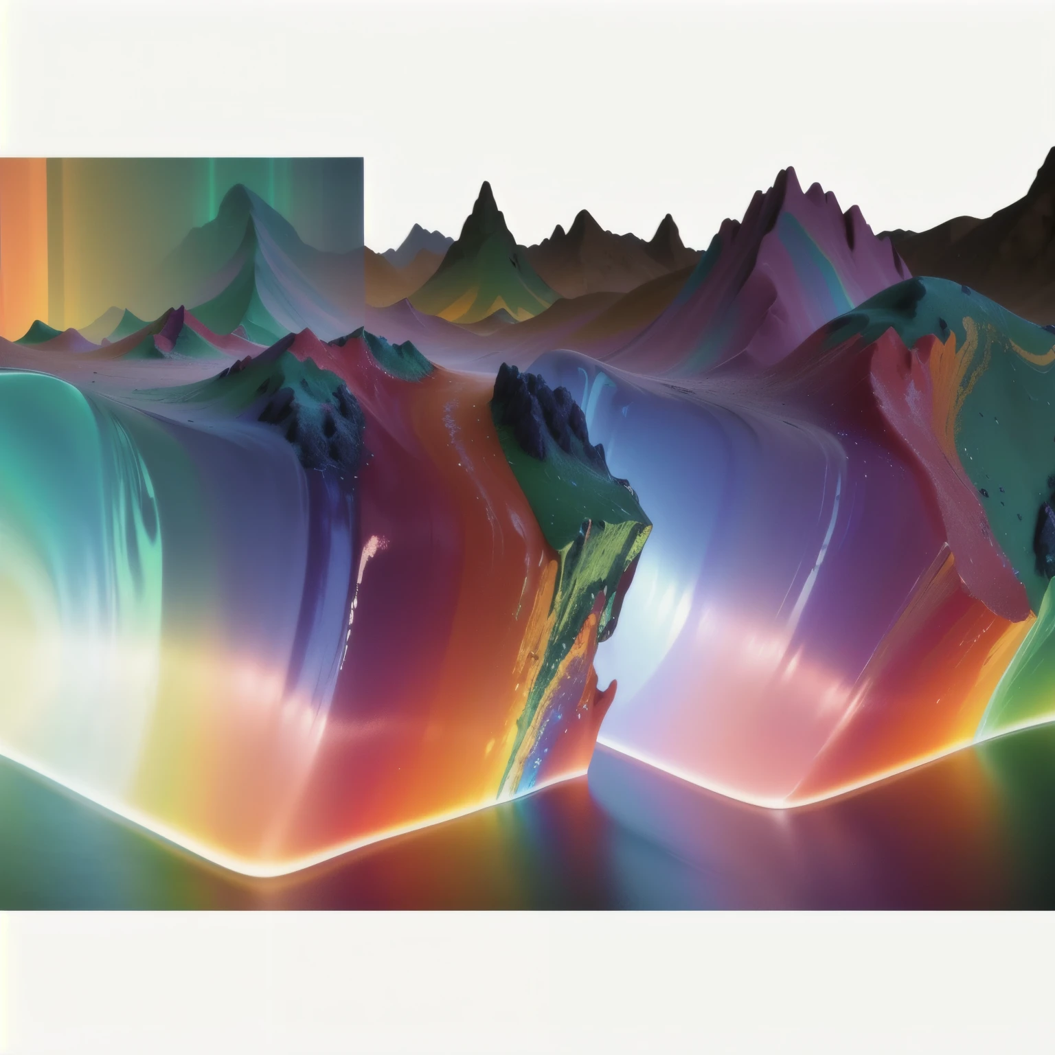 a close-up of a screen, mountains in the background, colorful redshift rendering, rendered in redshift, composed entirely of gradients, 3D fluid simulation rendering, sublime subsurface scattering, fluid simulation, rendered in Houdini, stunning 3D visualization, strong subsurface scattering, volumetric rainbow lighting, fluid simulation in Houdini