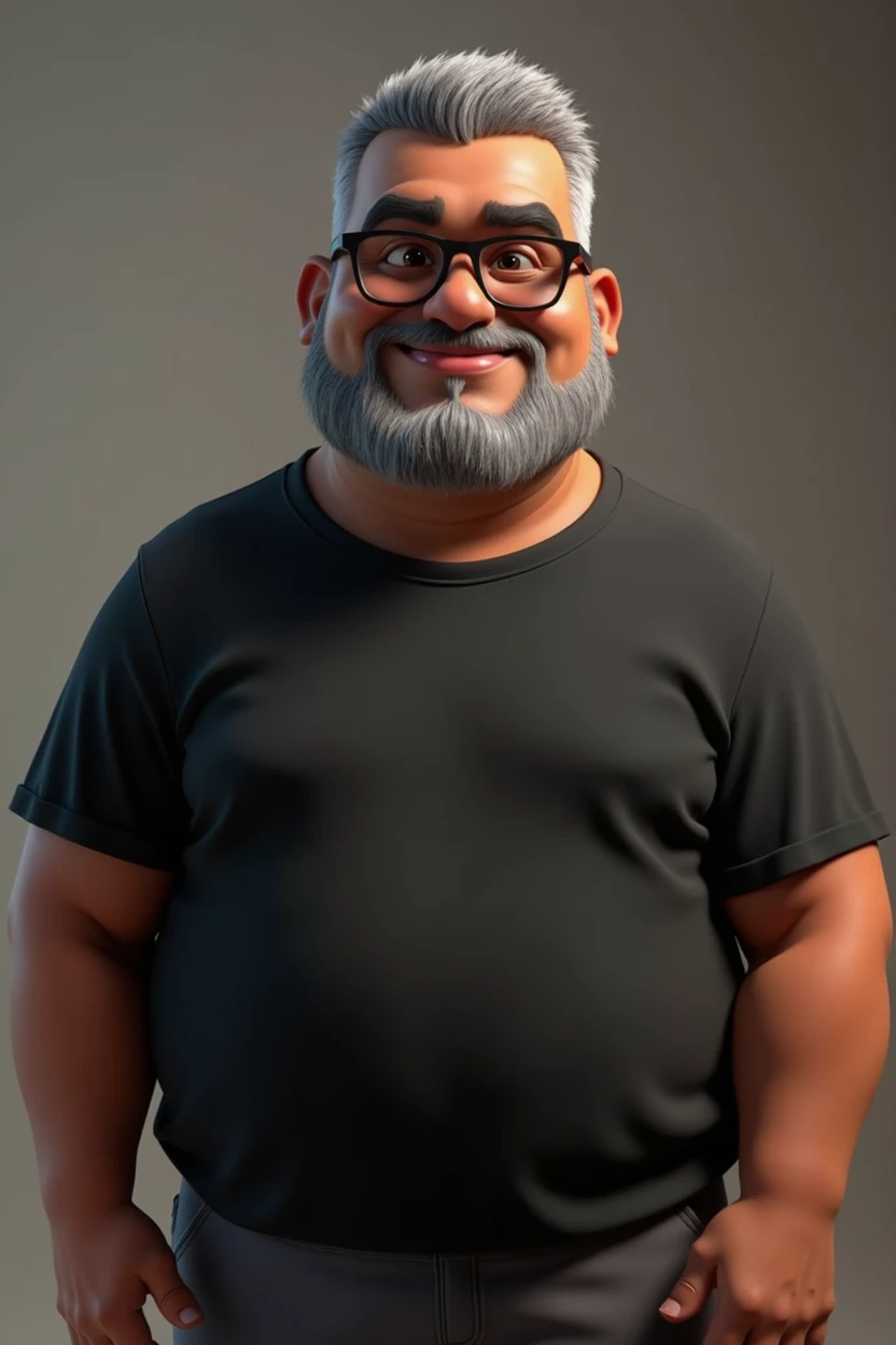 Cartoon character of a middle-aged black man with very short hair, wearing black glasses. Stylized character, animation-style rendering, 3D stylized rendering, Arnold Maya render, 3D stylized render, toon Keyshot render, 3D character, 3D stylized rendering, cartoon character, character close-up, character pose, Pixar style, high quality, cinematic lighting, sharp focus, detailed texture, detailed skin, clay, bokeh, 8K. The man should have the following characteristics: A middle-aged man with a broad build and overweight, casually relaxed hands. His skin tone is dark brown with a warm undertone. He has only two prominent vertical wrinkles between his eyebrows. His beard is very short, trimmed, and sparse, with more white hairs on the chin and the rest being dark gray. His hair is gray, extremely short on top, styled to the right side, and shaved on the sides. He wears modern black glasses. His eyebrows are thick and well-defined, and his eyes are very dark brown, conveying warmth and friendliness. The man is dressed in an oversized black t-shirt and dark gray pants without a belt. Incorporate the following ancestry characteristics: 43% European (17% Iberian and 17% Western European, including Germany, France, and the Netherlands), 4% Sephardic Jewish, 3% Fennoscandian, less than 2% Balkan and Lapland and Volga-Ural, 41% from the Americas, 9% from the Middle East and Maghreb, and 7% from Africa.