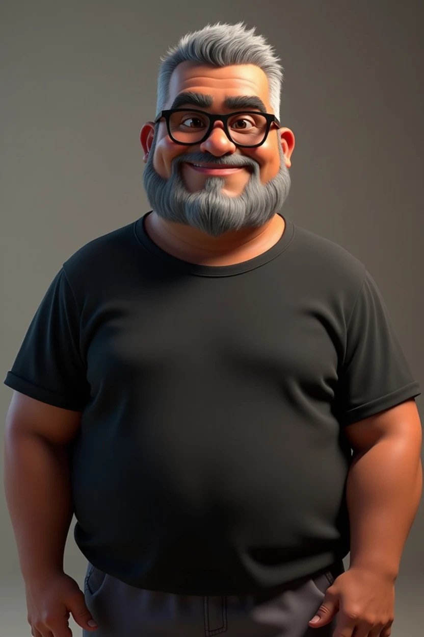 Cartoon character of a middle-aged black man with very short hair, wearing black glasses. Stylized character, animation-style rendering, 3D stylized rendering, Arnold Maya render, 3D stylized render, toon Keyshot render, 3D character, 3D stylized rendering, cartoon character, character close-up, character pose, Pixar style, high quality, cinematic lighting, sharp focus, detailed texture, detailed skin, clay, bokeh, 8K. The man should have the following characteristics: A middle-aged man with a broad build and overweight, casually relaxed hands. His skin tone is dark brown with a warm undertone. He has only two prominent vertical wrinkles between his eyebrows. His beard is very short, trimmed, and sparse, with more white hairs on the chin and the rest being dark gray. His hair is gray, extremely short on top, styled to the right side, and shaved on the sides. He wears modern black glasses. His eyebrows are thick and well-defined, and his eyes are very dark brown, conveying warmth and friendliness. The man is dressed in an oversized black t-shirt and dark gray pants without a belt. Incorporate the following ancestry characteristics: 43% European (17% Iberian and 17% Western European, including Germany, France, and the Netherlands), 4% Sephardic Jewish, 3% Fennoscandian, less than 2% Balkan and Lapland and Volga-Ural, 41% from the Americas, 9% from the Middle East and Maghreb, and 7% from Africa.