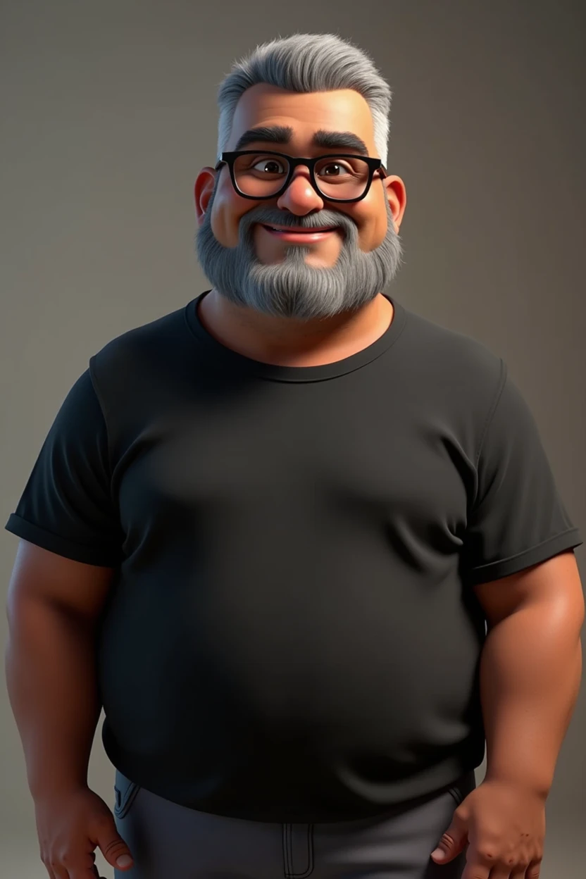 Cartoon character of a middle-aged black man with very short hair, wearing black glasses. Stylized character, animation-style rendering, 3D stylized rendering, Arnold Maya render, 3D stylized render, toon Keyshot render, 3D character, 3D stylized rendering, cartoon character, character close-up, character pose, Pixar style, high quality, cinematic lighting, sharp focus, detailed texture, detailed skin, clay, bokeh, 8K. The man should have the following characteristics: A middle-aged man with a broad build and overweight, casually relaxed hands. His skin tone is dark brown with a warm undertone. He has only two prominent vertical wrinkles between his eyebrows. His beard is very short, trimmed, and sparse, with more white hairs on the chin and the rest being dark gray. His hair is gray, extremely short on top, styled to the right side, and shaved on the sides. He wears modern black glasses. His eyebrows are thick and well-defined, and his eyes are very dark brown, conveying warmth and friendliness. The man is dressed in an oversized black t-shirt and dark gray pants without a belt. Incorporate the following ancestry characteristics: 43% European (17% Iberian and 17% Western European, including Germany, France, and the Netherlands), 4% Sephardic Jewish, 3% Fennoscandian, less than 2% Balkan and Lapland and Volga-Ural, 41% from the Americas, 9% from the Middle East and Maghreb, and 7% from Africa.