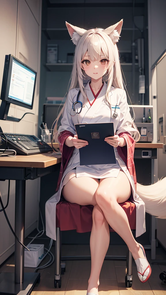 High-tech medical room,Beautiful and charming,A Japanese fox girl,long hair shawl,Doctor's attire,Hearing aid,Sitting at the table,Reviewing the resume