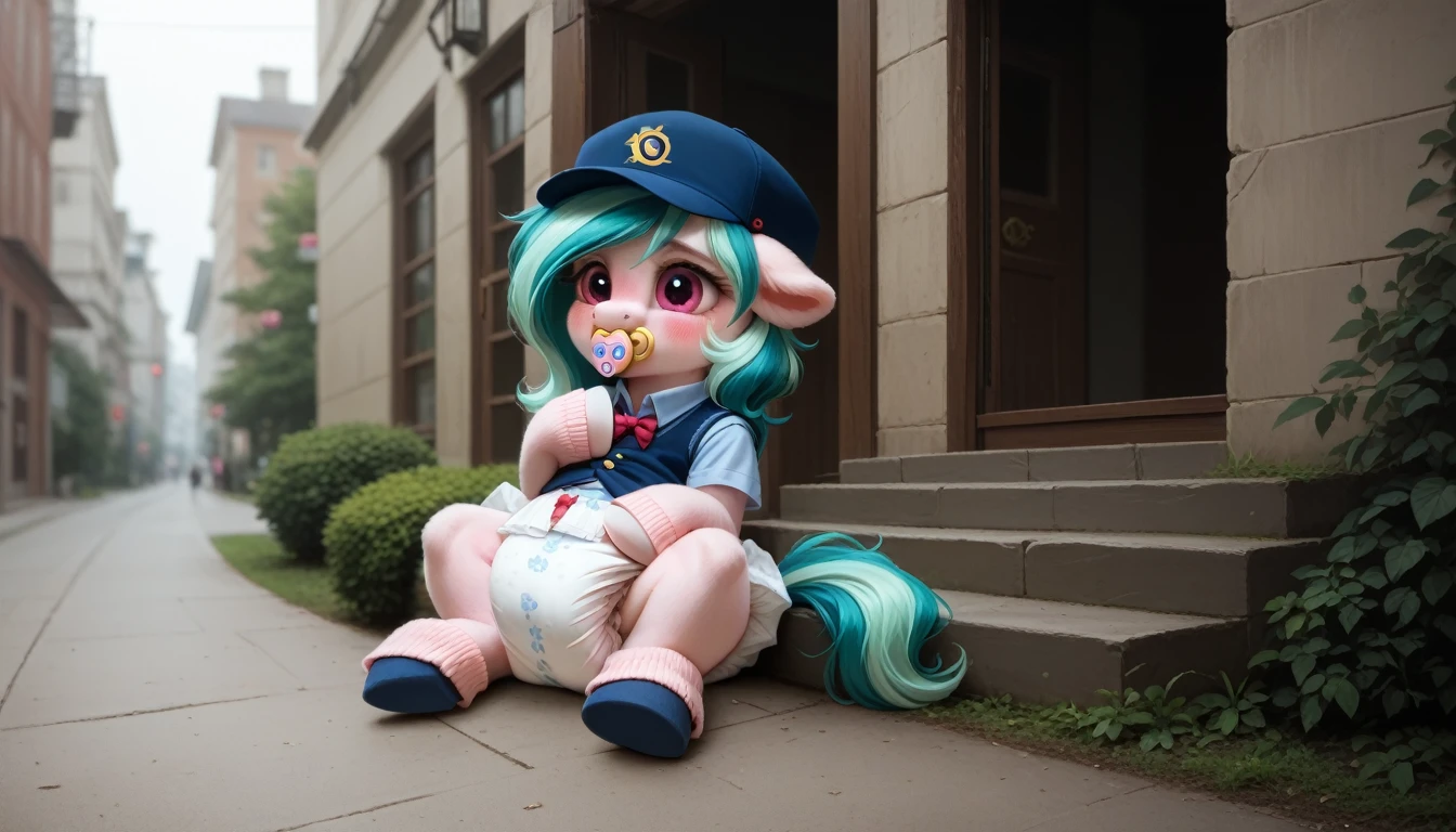 pony, бежевая земная pony, no horn, no wings, adult mare, Sitting outside, dressed in a vest, cap and booties, pacifier in mouth, solo, thick diaper under clothes, pink blush on cheeks, Embarrassment, Awkwardness. 