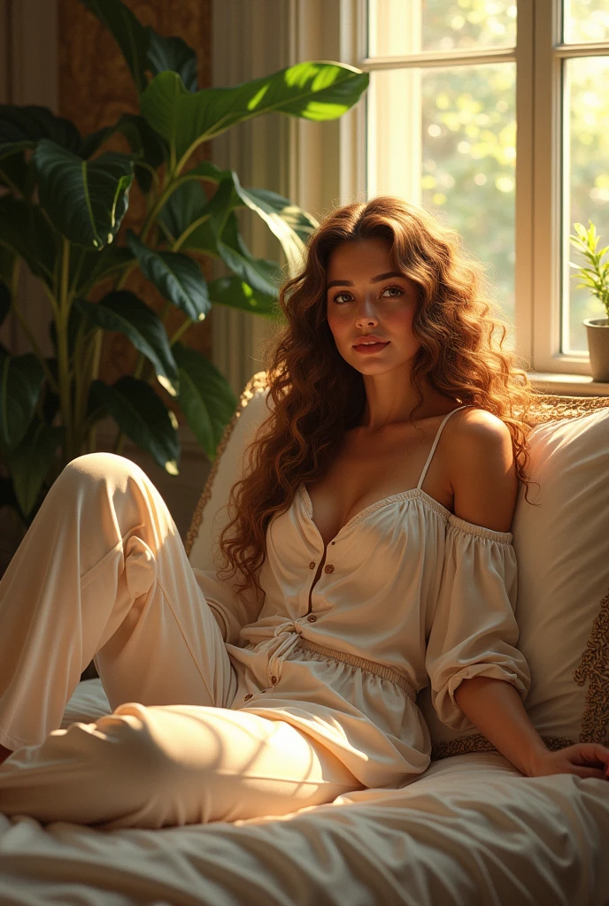 (photorealism:1.2), beautiful woman, sitting on bed, wearing loose off-shoulder top, pajama pants, long curly hair, indoors, soft lighting, plants in background, window with sunlight, cozy room, relaxed pose, realistic, intricate details, warm colors, by Greg Rutkowski, by Alphonse Mucha