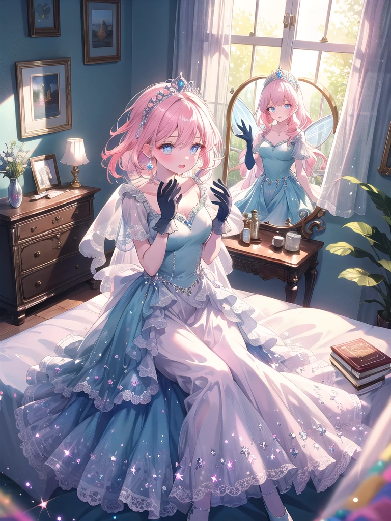 ((8k, Highest quality, masterpiece: 1.3)),Ultra-high resolution,(1 girl, alone), (Color changing eyes, Ultra-detailed, Expressive brilliance, Glitter, Glowing Eyes), Highly detailed eyes, Highly detailed face, Random Hair, ((pastel colour)),A joyful young woman with pastel pink hair styled into loose waves, sitting on her bed with her legs crossed. The room is bright and airy, with sunlight streaming through the large window. She is dressed in a classic princess cosplay, wearing a flowing, pale blue gown with a jeweled tiara on her head and matching gloves. The camera captures her from a slightly elevated angle as she holds up a small hand mirror, pretending to admire herself like royalty, her expression playful and lighthearted. Her room is decorated with soft, pastel colors, plush cushions, a vanity table with a large mirror, and a few fairy tale books scattered around, giving it a dreamy, enchanted atmosphere.



