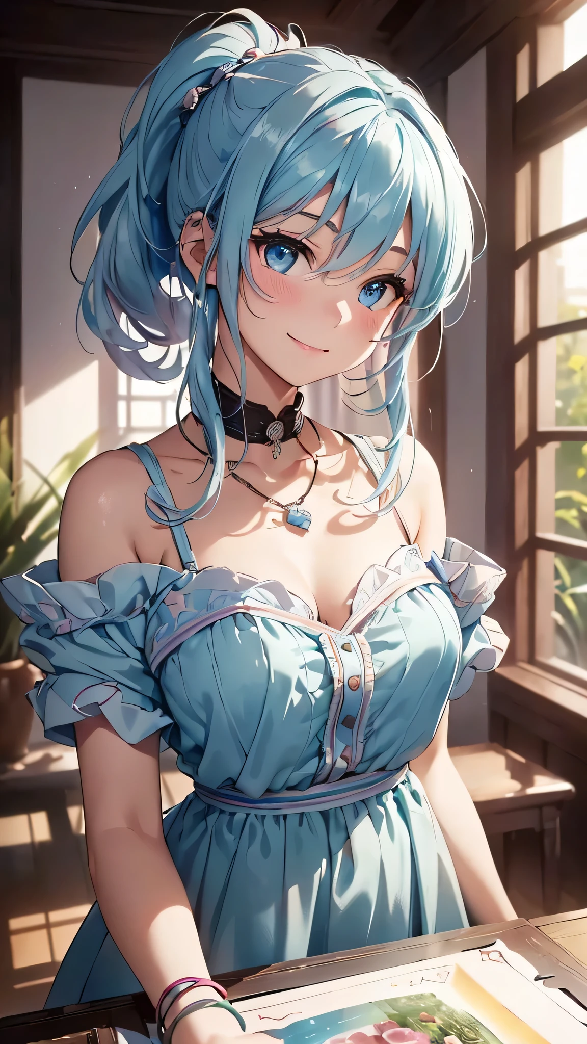 最high quality、Best image quality、masterpiece、With a girl((cute、18-year-old、Best Bust、Medium Bust、Beautiful Blue Eyes、Spread your chest wide,Pastel Hair、ponytail、Disheveled Hair、thin、Highest Valley、Pastel Dress、smile、necklace、Wristband、))high quality、Beautiful art、background((Pastel Room、Live Performance Venues)),Tabletop、Exquisite design、Visual Arts、Written boundary depth、Best lighting、Highest detail、8k
