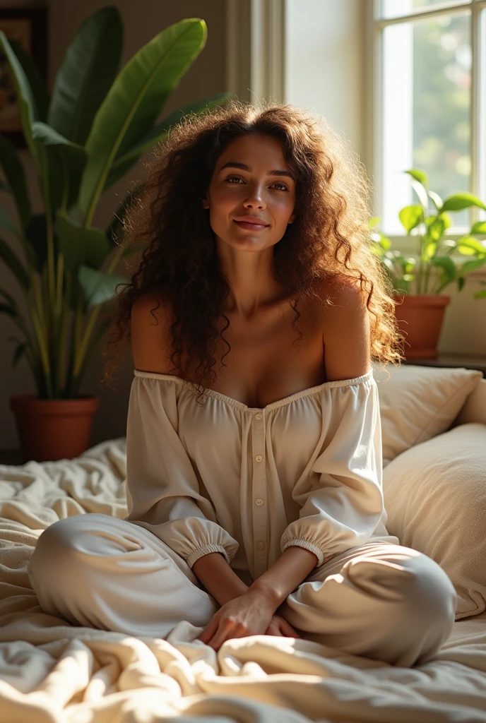 (photorealism:1.2), beautiful woman, sitting on bed, wearing loose off-shoulder top, pajama pants, long curly hair, indoors, soft lighting, plants in background, window with sunlight, cozy room, relaxed pose, realistic, intricate details, warm colors, by Greg Rutkowski, by Alphonse Mucha