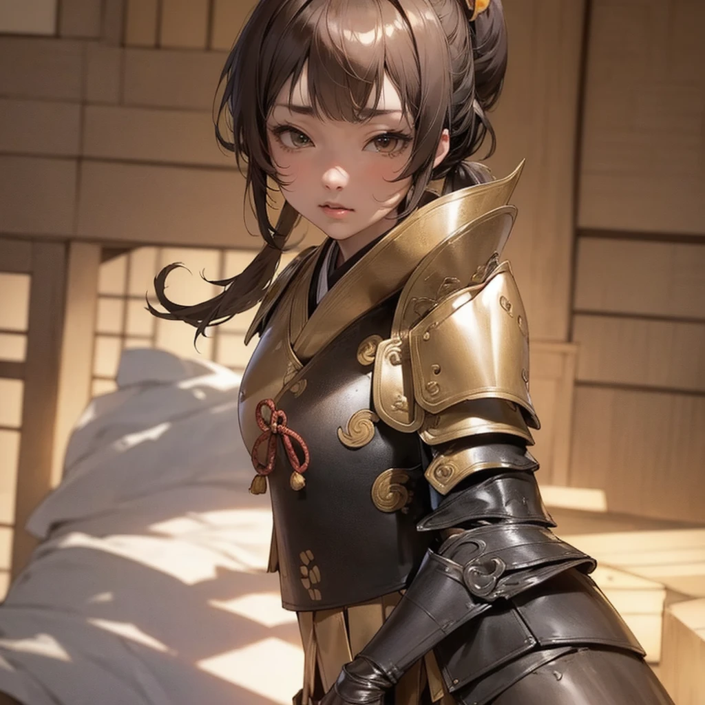 ( bangs, blunt bangs, brown hair, short ponytail,, Depth of written boundary, f/4.0, 135mm, Nikon, uhd, masterpiece, Textured skin, Super detailed,4K,Wide-area lighting),(Beautiful woman: 1.4、Very white skin、Fine grain、 double eyelid)、(((Wearing leather armor、Bust Shot、Rin々Funny face、Sengoku period、Japanese-style building)))