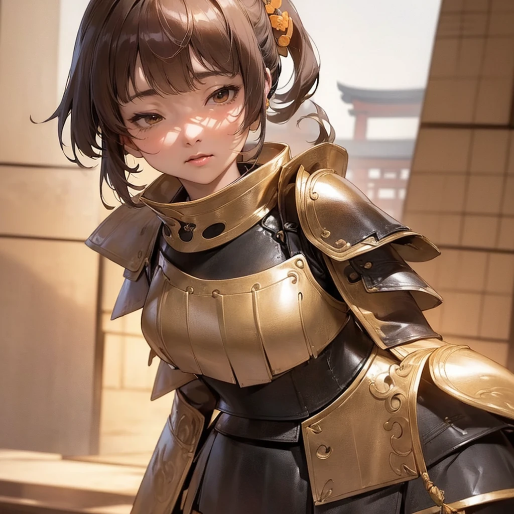 ( bangs, blunt bangs, brown hair, short ponytail,, Depth of written boundary, f/4.0, 135mm, Nikon, uhd, masterpiece, Textured skin, Super detailed,4K,Wide-area lighting),(Beautiful woman: 1.4、Very white skin、Fine grain、 double eyelid)、(((Wearing leather armor、Bust Shot、Rin々Funny face、Sengoku period、Japanese-style building)))