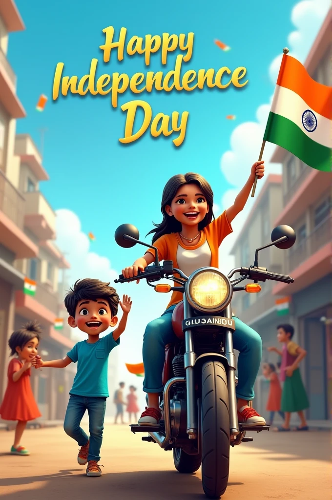 Realistic Indian 22 year old girl sitting bike Holding Indian flag and celebrating India festival happy independence day with background of blue sky in Indian Street and boy wearing blue t shirt and jeans with name ”AKHILESH", style hair on it by the way childrens are holding Indian flag playing a round, some children also playing, and some uncles drinking tea at a shop. also a text written “Happy independence day” at top, 3D art painting real photo with high resolution.