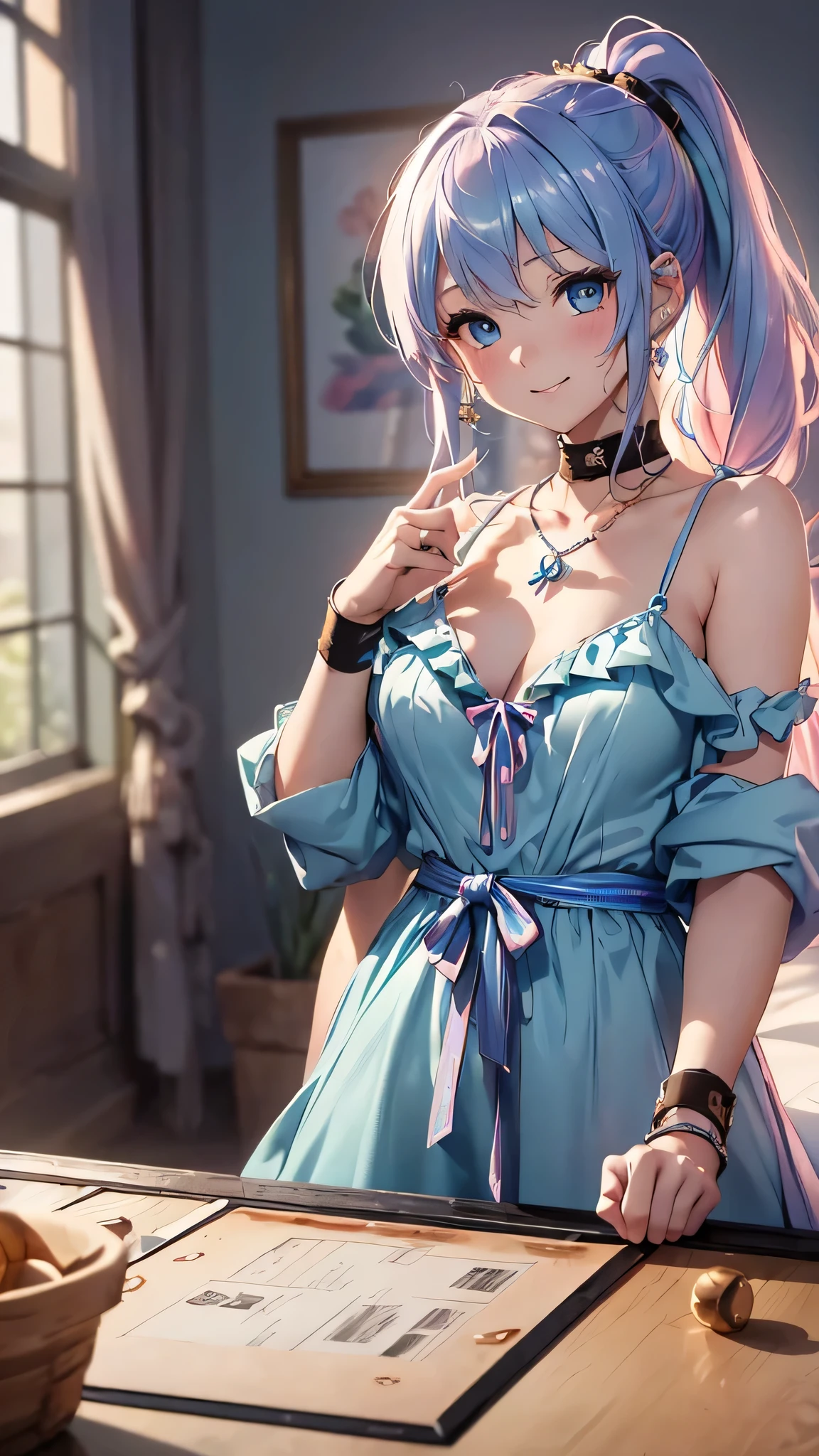 最high quality、Best image quality、masterpiece、With a girl((cute、18-year-old、Best Bust、Medium Bust、Beautiful Blue Eyes、Spread your chest wide,Pastel Hair、ponytail、Disheveled Hair、thin、Highest Valley、Pastel Dress、smile、necklace、Wristband、))high quality、Beautiful art、background((Pastel Room、Live Performance Venues)),Tabletop、Exquisite design、Visual Arts、Written boundary depth、Best lighting、Highest detail、8k