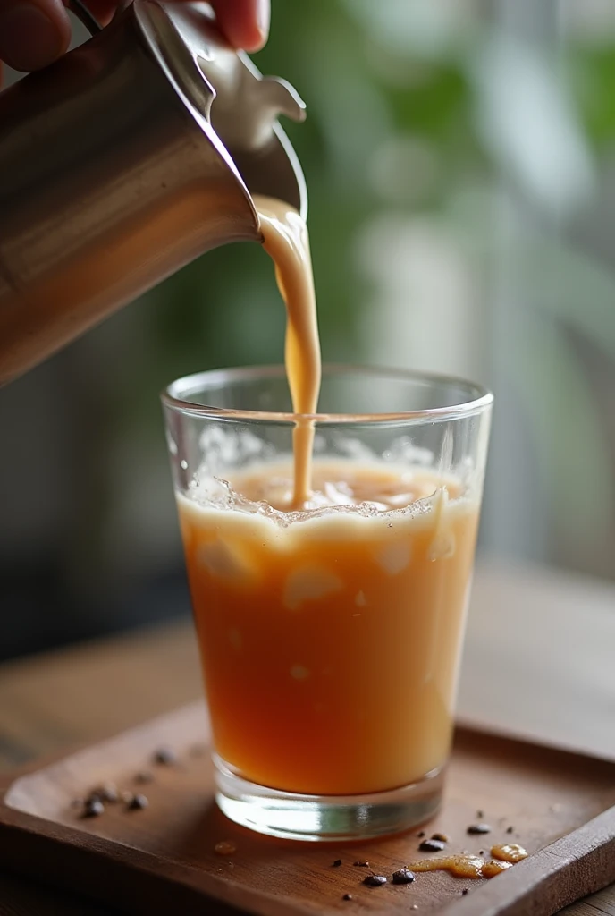 close up shot, milk tea pouring