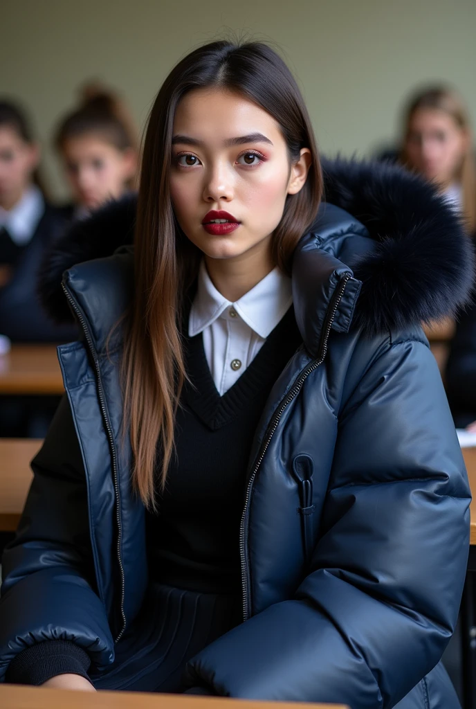 16 year old English age girl ,wearing a very large navy blue tight shiny puffer coat, very thick eyebrows, photorealistic, masterpiece, moncler, fluffy fur hood, , straightened hair, large breasts, open coat, school uniform,very tight white blouse, pleated skirt, heavy makeup, dark red lipstick, chavvy, chav, attitude, pouting, sitting in classroom, dark foundation, very tight clothing, extreme close up, face focus, looking at camera