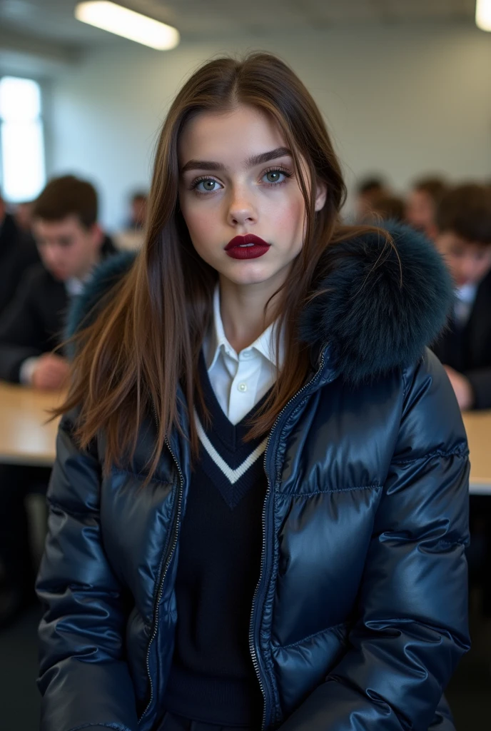 English teenage giring a very large navy blue tight shiny puffer coat, very thick eyebrows, photorealistic, masterpiece, moncler, fluffy fur hood, , straightened hair, large breasts, open coat, school uniform,very tight white blouse, pleated skirt, heavy makeup, dark red lipstick, chavvy, chav, attitude, pouting, sitting in classroom, dark foundation, very tight clothing, extreme close up, face focus, looking at camera