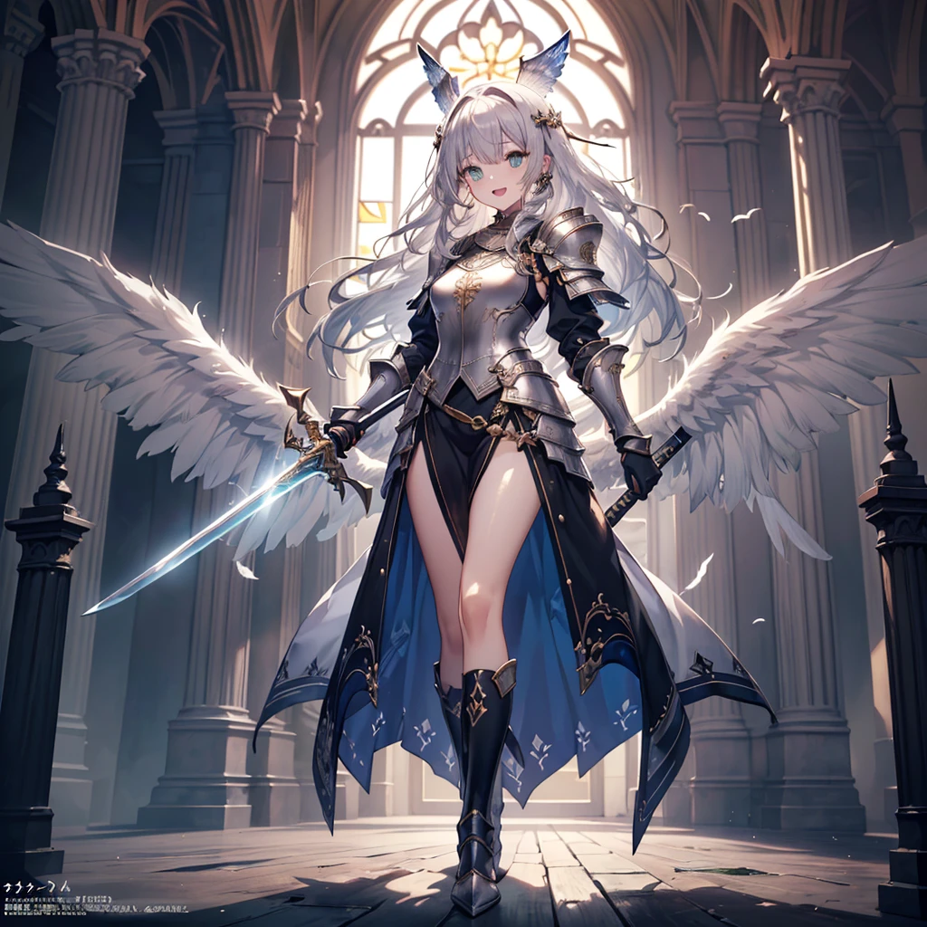 (Official art、Best Quality、Unity 8k Wallpapers、32K、​masterpiece、ultra-detailliert、超A high resolution、realisitic、Photorealsitic、Very ridiculous:1.2)、(Cinematic lighting:1.2)、Fireglow effect、film grains、Best Shadows、Rim lighting、side lights、(Ultra-detailed and complex 3D rendering)、Detailed beautiful face and eyes、Sharp pupils、Realistic pupils、A slender、１Man Woman、Medium bust、(Full body:1.2)、 beauitful face、16-year-old beautiful girl、(super detailed skin、detailed skin textures:1.3)、(silver blond、Blue-silver hair:1.3)、Paladin、Longhaire、Blunt bangs、Green eyes、3 braids in 1 bunch、(Blue Armor、Blue Boots、Blue helmet、Jeweled、Gold embroidery)、A slender、Maxi skirt、(thighs thighs thighs thighs:0.8)、(chies、in a house、Artistic stained glass、Large pipe organ、crosses、Hello Point、Mystical、a lot of feathers float、angelicales、Particles of light、solemnity、Sunlight is、colourfull、Fantastical:1.2)、(Fantastical:1.3)、(Holding the Holy Sword:1.4)、(Looking away、looking distantly:1.3)、Fantastical、Smile with open mouth