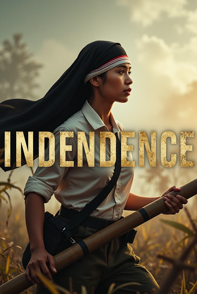 A film poster depicting an Indonesian female soldier, Wearing a black headscarf, White shirt, wearing a red and white headband, wielding a bamboo spear on the battlefield with the inscription "INDEPENDENCE" written in large letters in the center,