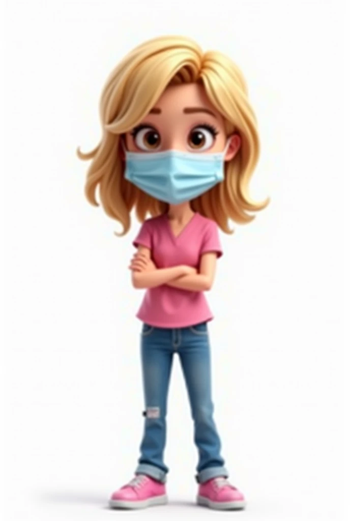 cartoon girl, fully body, wearing surgical mask, with medium blonde hair, hair tied up and brown eyes, cartoon art style, full body character portrait, photorealistic art style, 3d stylized, realistic art style, Stylized 3D rendering, Character wearing a brown t-shirt with a pink collar and jeans, hands in pocket, cartoon style illustration; motor 3d irreal, realistic 3 d style, Arte Disney, stylized portrait, white background, good resolution clear image