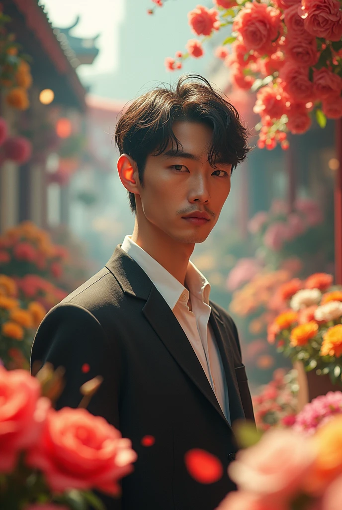 Create image beautiful Korean male degain by flower market