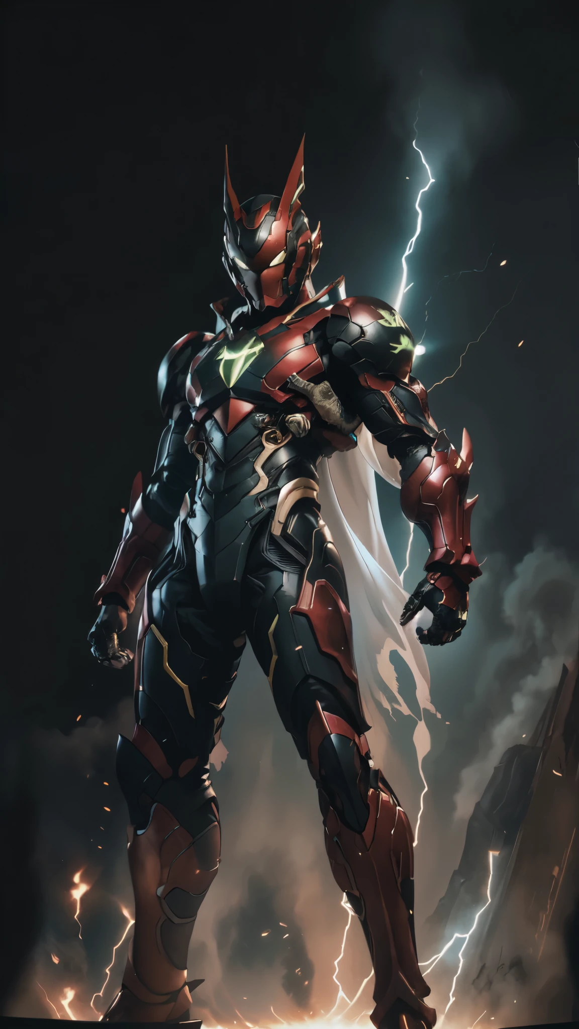 (masterpiece:1.5, best quality:1.5, extremely delicate:1.5, superhero pose:1.5), a man wearing a full-face helmet, a fantasy-style biotech armored combat suit, green eyes, (a composite layered chest armor), fully enclosed shoulder guards, matching arm and leg guards, belt of Neon circuit, (the color scheme is primarily black with green and red accents), the design balances heavy with agility, a high-tech bio-mecha armor, (Armor Concept Inspired by Demon, stand on the top of a skyscraper in a futuristic sci-fi city), this character embodies a finely crafted fantasy-surreal style armored hero in anime style, exquisite and mature manga art style, (element, plasma, energy, the armor glows), ((male:1.5)), metallic, high definition, highres, ultra-detailed, ultra-fine painting, professional, perfect body proportions, golden ratio, anatomically correct, symmetrical face, extremely detailed eyes and face, high quality eyes, creativity, RAW photo, UHD, 32k, Natural light, cinematic lighting, masterpiece-anatomy-perfect