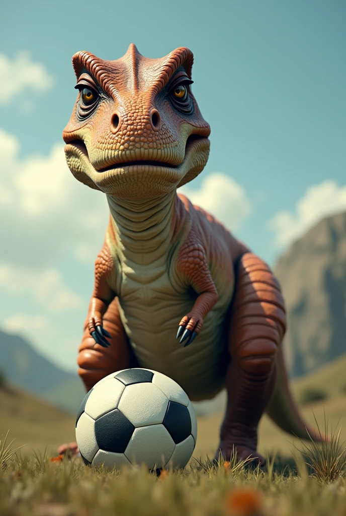 sad giant dinosaur with a soccer ball
