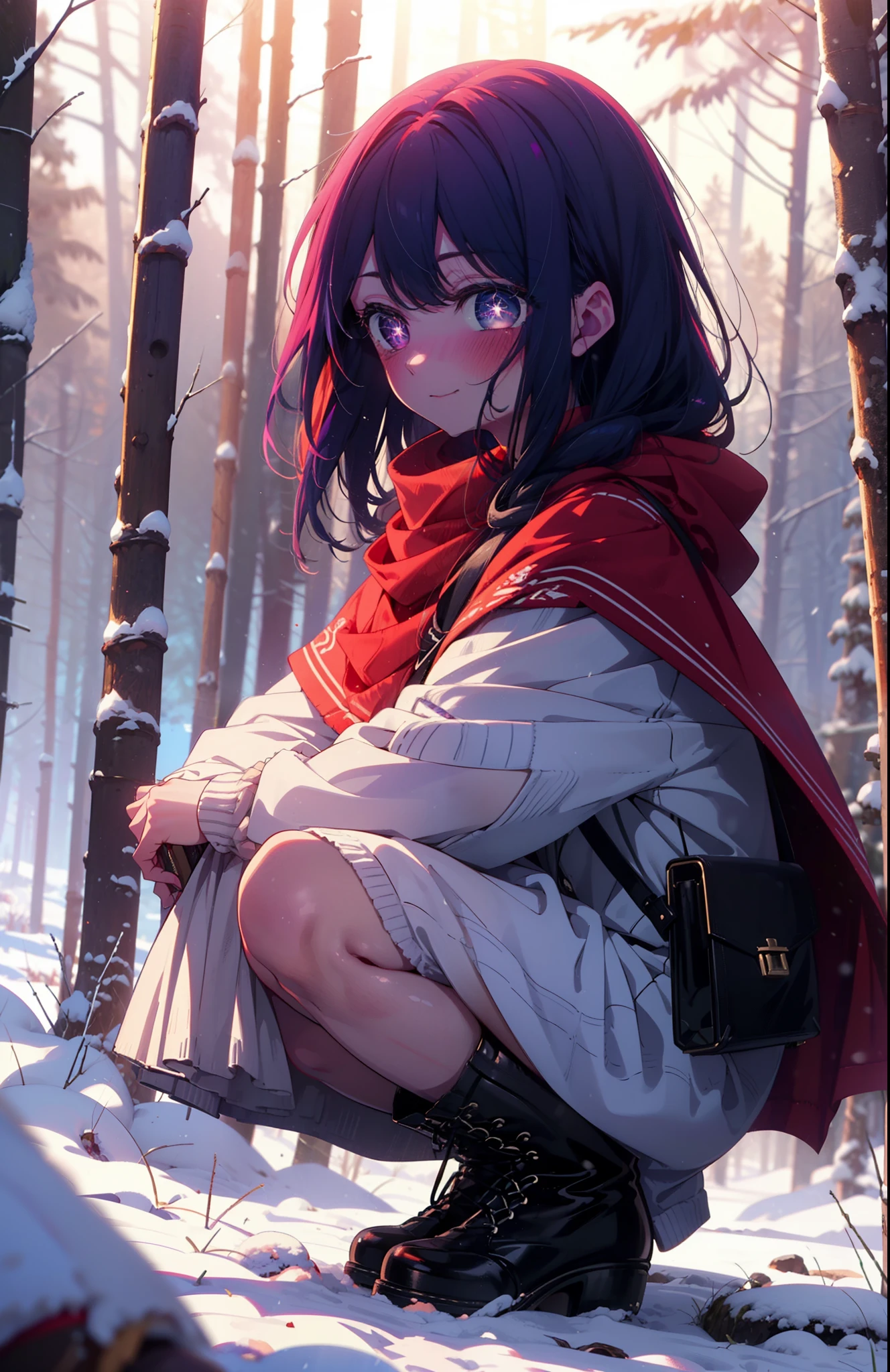 aihoshino, Ai Hoshino, Long Hair, bangs, (Purple eyes:1.1), Purple Hair, (Symbol-shaped pupil:1.5), smile,,smile,blush,white breath,
Open your mouth,snow,Ground bonfire, Outdoor, boots, snowing, From the side, wood, suitcase, Cape, Blurred, , forest, White handbag, nature, Squat, Mouth closed, Cape, winter, Written boundary depth, Black shoes, red Cape break looking at viewer, Upper Body, whole body, break Outdoor, forest, nature, break (masterpiece:1.2), Highest quality, High resolution, unity 8k wallpaper, (shape:0.8), (Beautiful and beautiful eyes:1.6), Highly detailed face, Perfect lighting, Highly detailed CG, (Perfect hands, Perfect Anatomy),