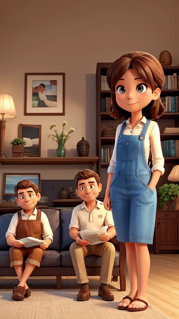 Create a cozy living room setting with a husband sitting on a couch, holding a newspaper, and a wife standing in front of him, holding shopping bags. The husband's expression should show confidence, while the wife's expression should be playful. The bag in the wife's hand should be slightly open, revealing a pair of new sandals. The overall mood should be light and humorous.
