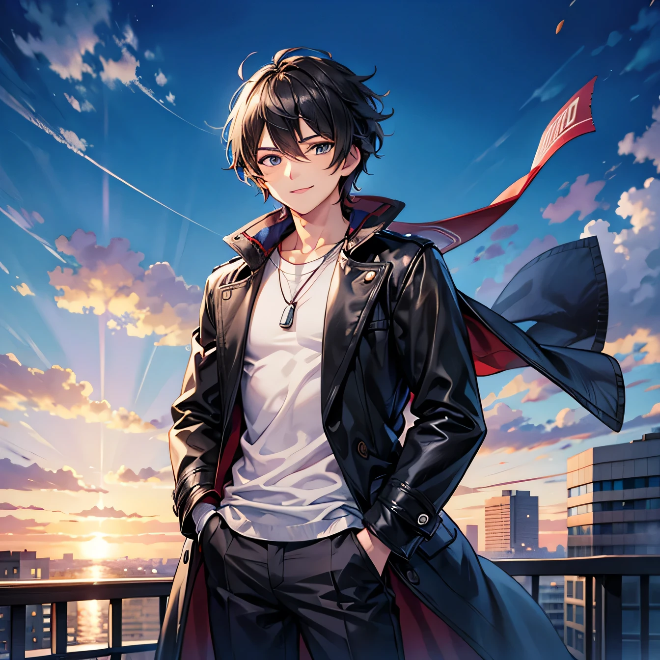 Create an image of a male anime character,similar to a ,black hair,cute smile,Caucasian skin,femboy clothes